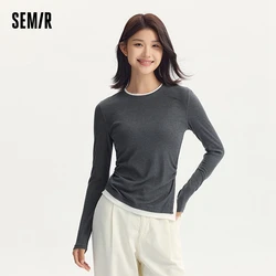 Semir Long Sleeve T-Shirt Women Waist-drawing Fake Two-piece Irregular 2024 New Slim Cleft Autumn Wear Long Sleeve T-Shirt