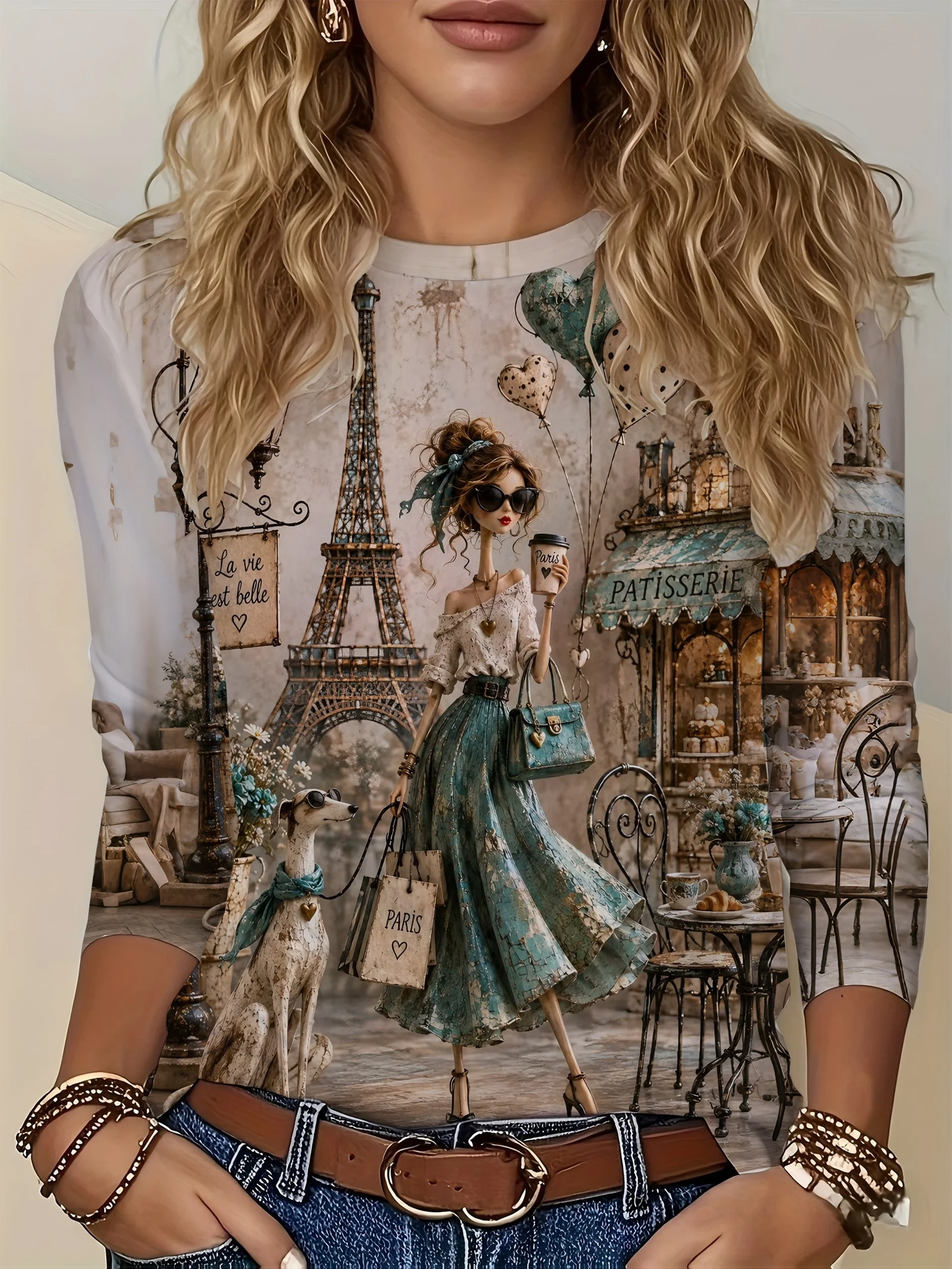 Women's Vintage Paris Eiffel Tower T-Shirt - French Streetwear Suitable for Paris Travel, Loose Fit Round Neck Long Sleeve Top with Iconic Landmark Print, Machine Washable Casual for Year-Round Wear