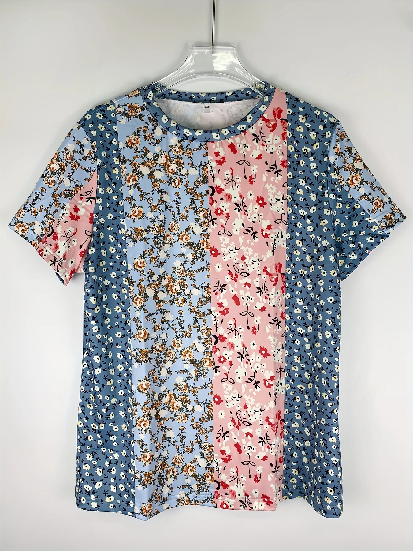 تي شيرت بوهو نسائي ، مقاس كبير ، مقاس كبير ، لون بلوك ، طباعة زهور أقحوان ، أكمام قصيرة ، رقبة مستديرة ، تمدد خفيف