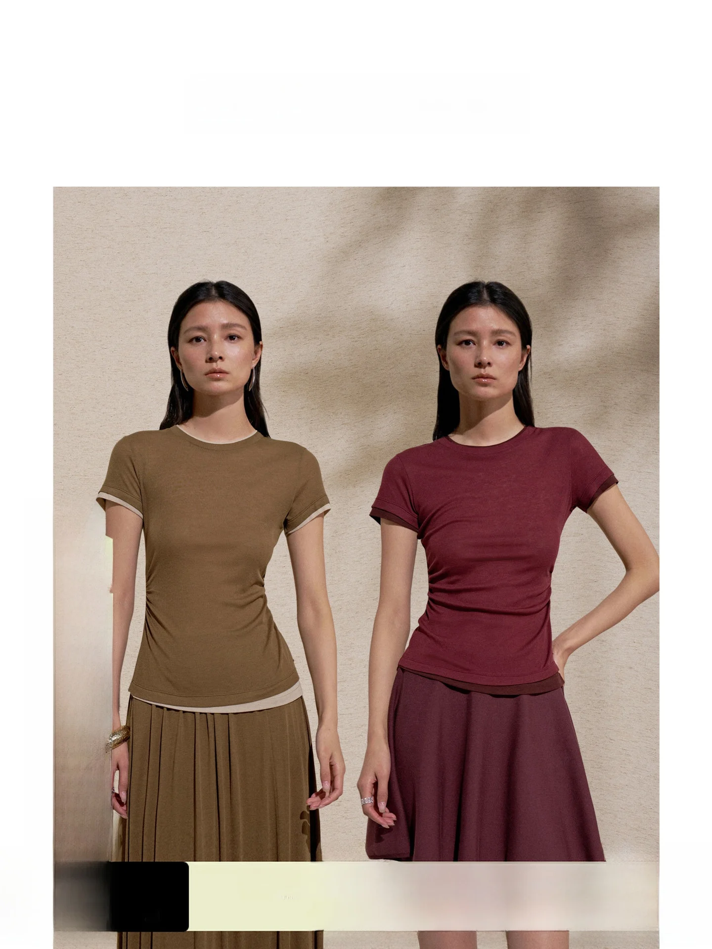 

ZhiZhi Simple Color Block Waist-Cinching T-shirt Women's Summer New Style Short Sleeve round Neck Pullover Casual Top
