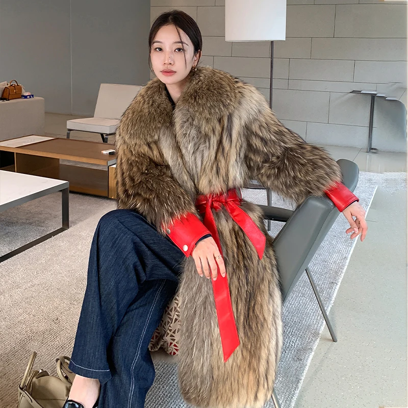 Ftangaiur Winter Import Raccoon Fur Coat Turn-Down Collar Full Sleeve Women Coats With Red Belt Natural Loose Raccoon Fur Coats