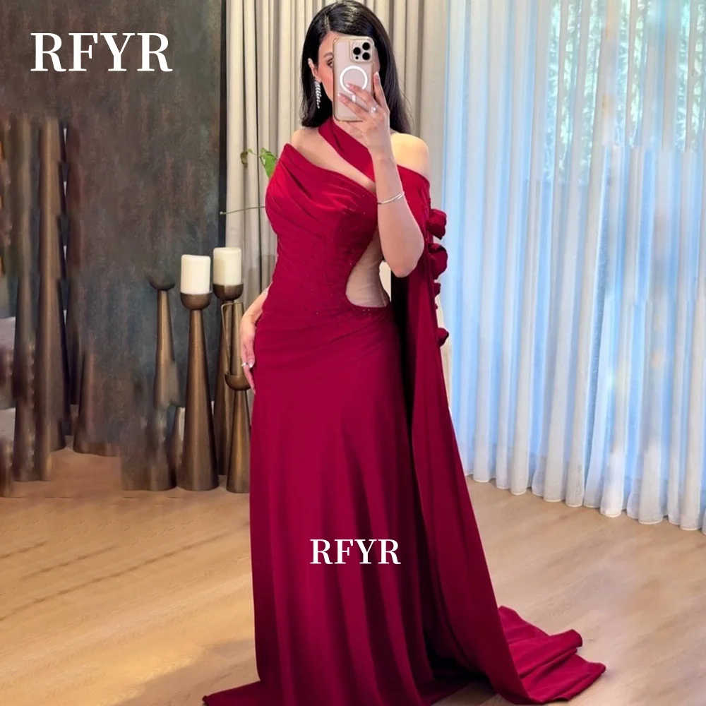 

RFYR Mermaid Prom Dress Beading Evening Dress with Scarf Party Dress Crepe Celebrity Gala Dress for Arabic Women Customized