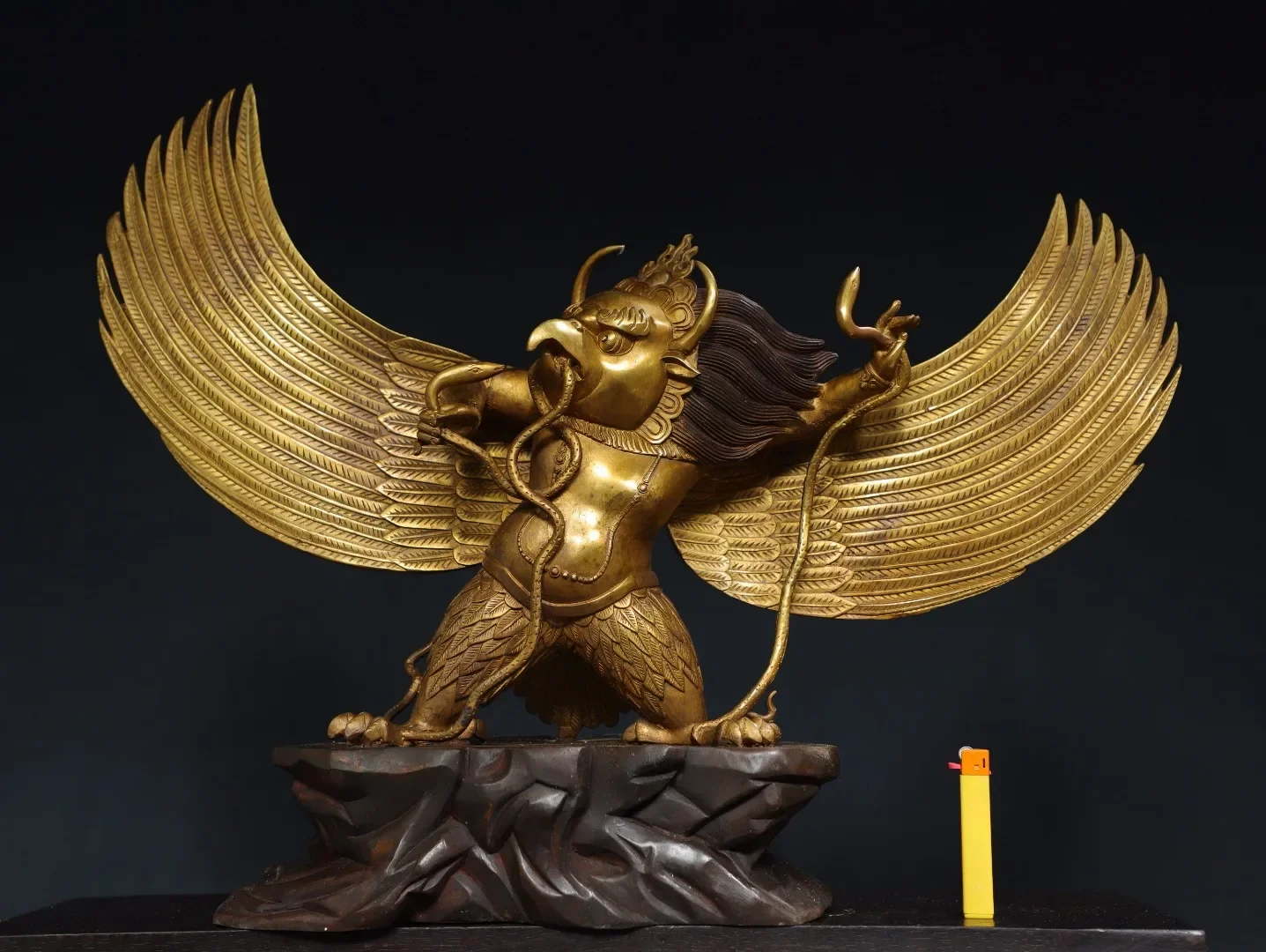 

24"Tibetan Temple Collection Old Bronze Cinnabar Gilded GARUDA SupannaGaruda Dhwaja Dharma Protector Buddha Worship Hall