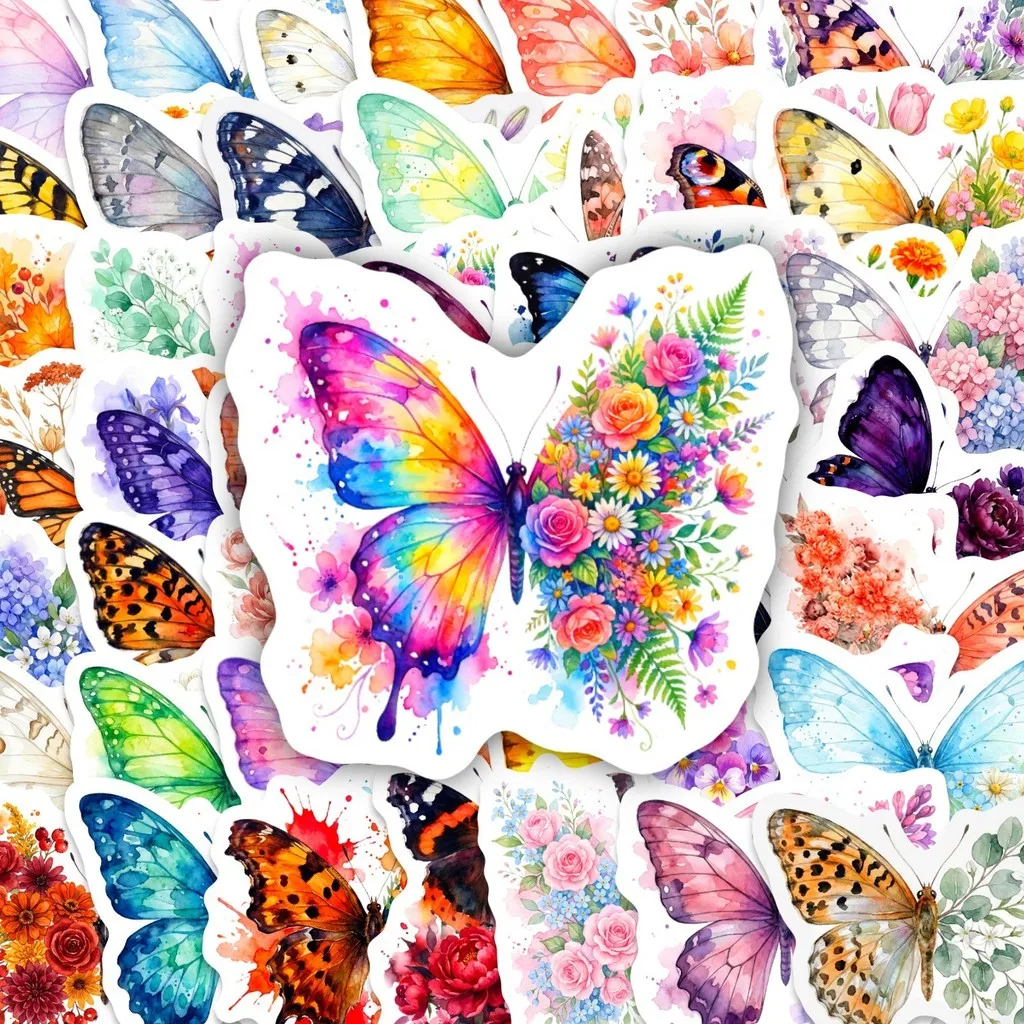 50Pcs Colorful Butterfly Graffiti Stickers, Cute Floral Butterfly Decals for Notebook Skateboard and Water Bottle DIY Decoration
