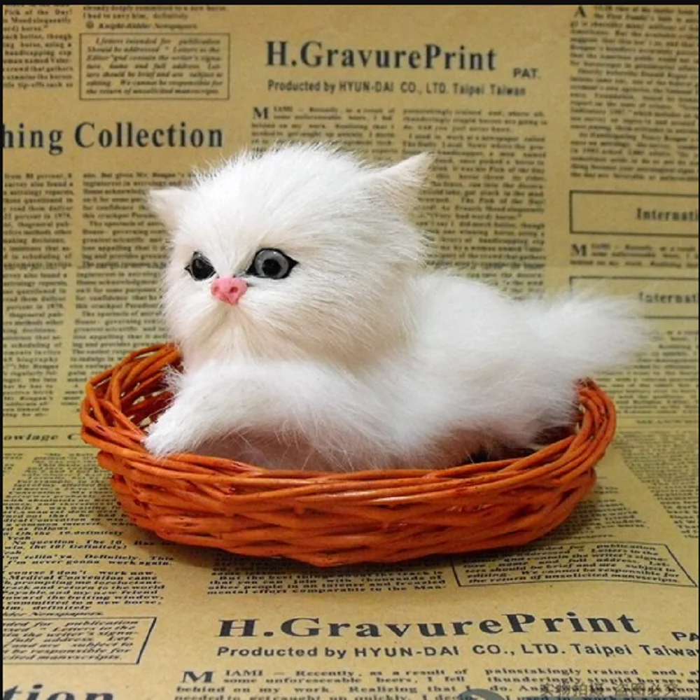 

cute simulation naughty cat plastic&fur white cat model in a basket gift 13x6x9cm