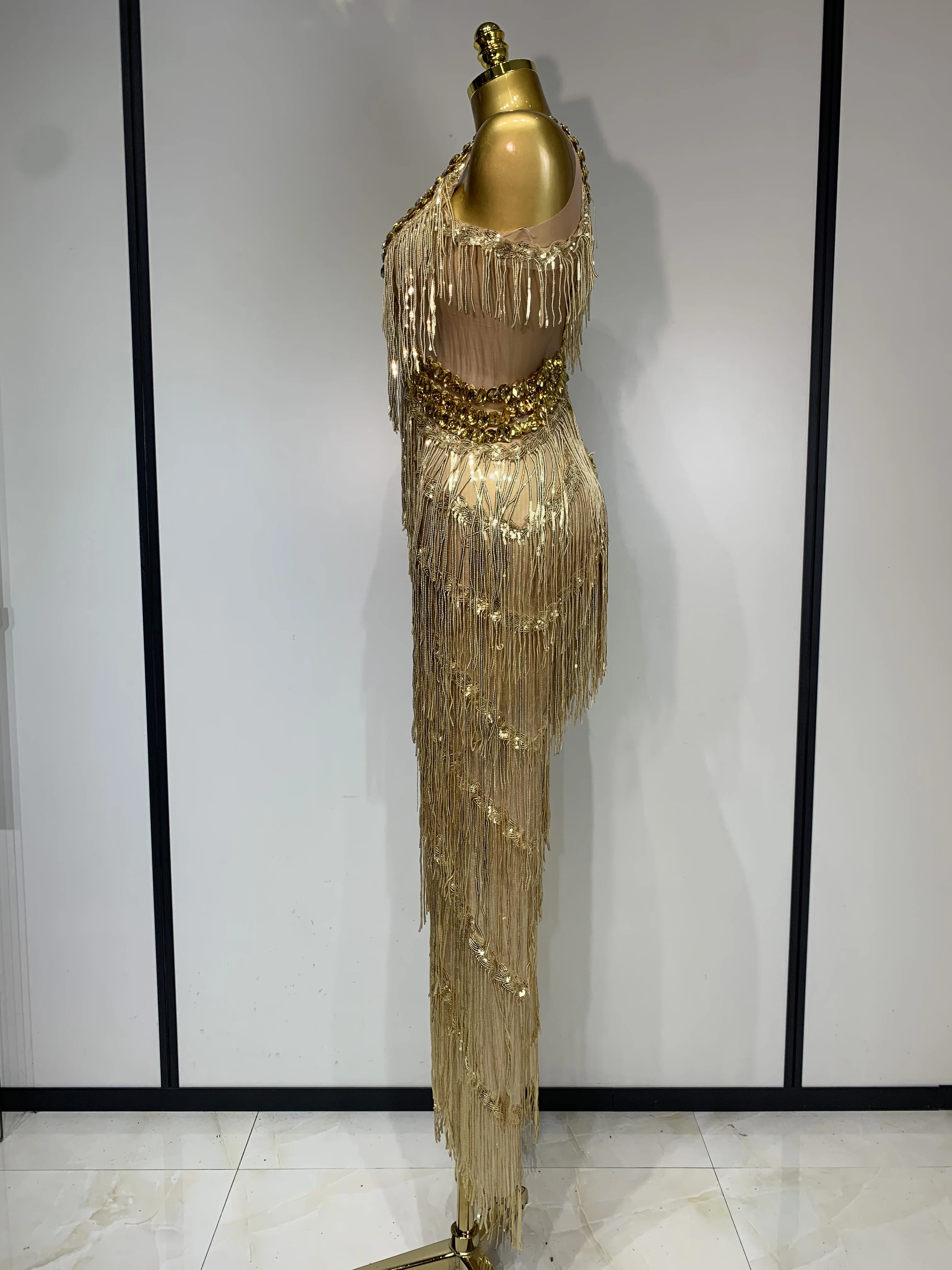 المرأة سباركلي الذهب الراين الترتر هامش بذلة مثير ملهى ليلي حفلة عيد ميلاد الزي تظهر المغني المرحلة أداء زي