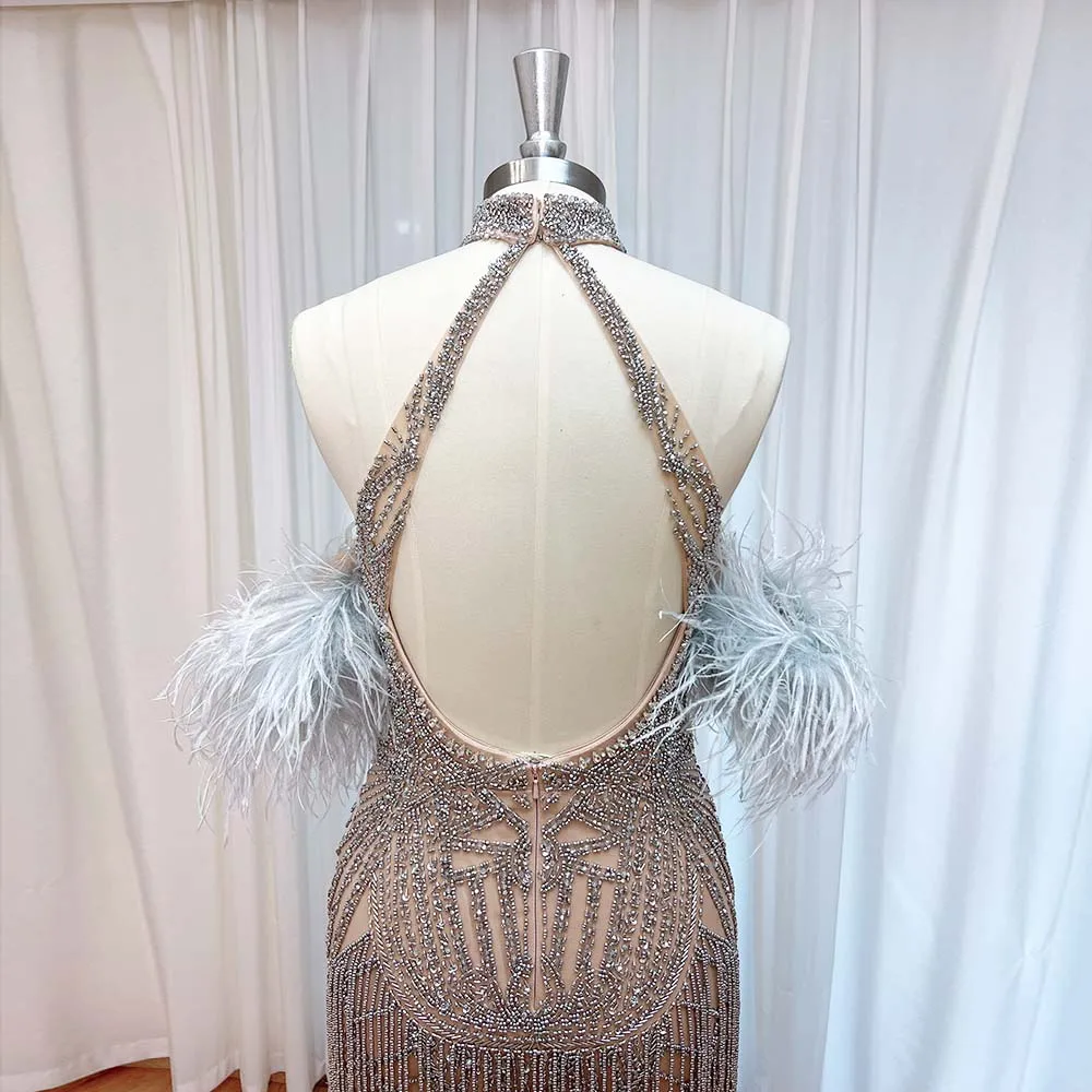 Luxury Beads Tassel Feather Mermaid Evening Dress for Women 2024 High Neck Crystal Long Formal Prom Wedding Pary Gown Customized