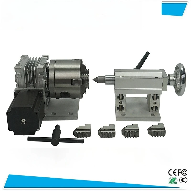 1PC silver fourth axis rotary shaft with tail top 57/86MM motor 80/100 130MM chuck 3/4 claw