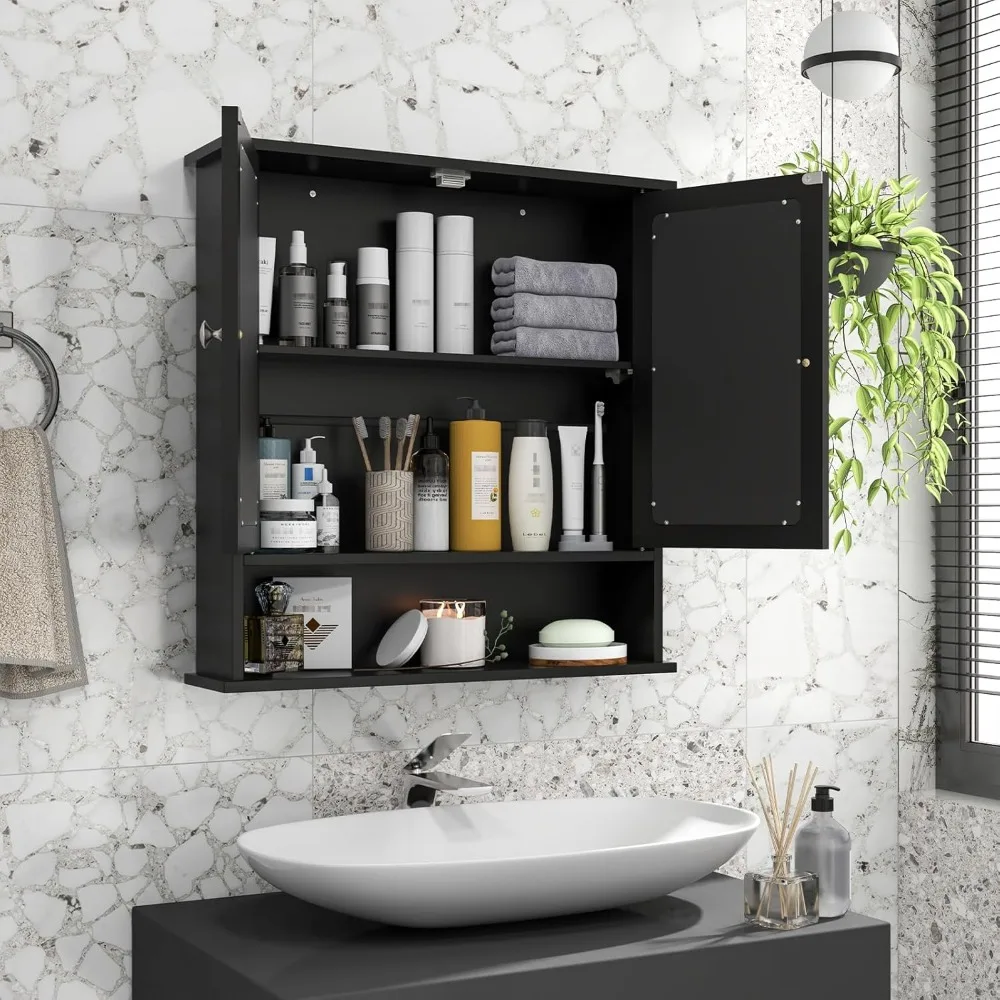 

Modern Bathroom Wall Cabinet with Mirror, Wall Mounted Medicine Cabinet with 2 Doors, Adjustable Shelf and Open Compartment