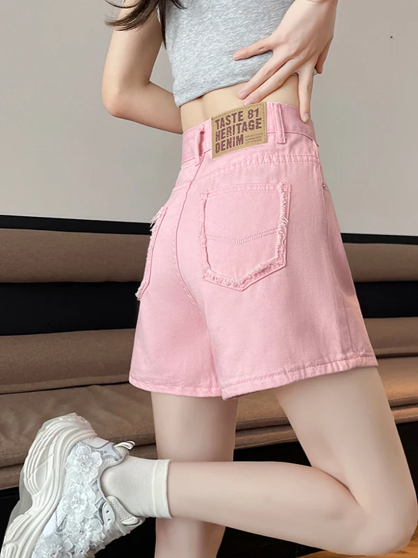 ハイウエストAラインデニムショートパンツ レディース 夏 薄手 ゆったり フェードエッジ カラーブロック ヒップアップ トレンド ホットパンツ ダーティーピンク