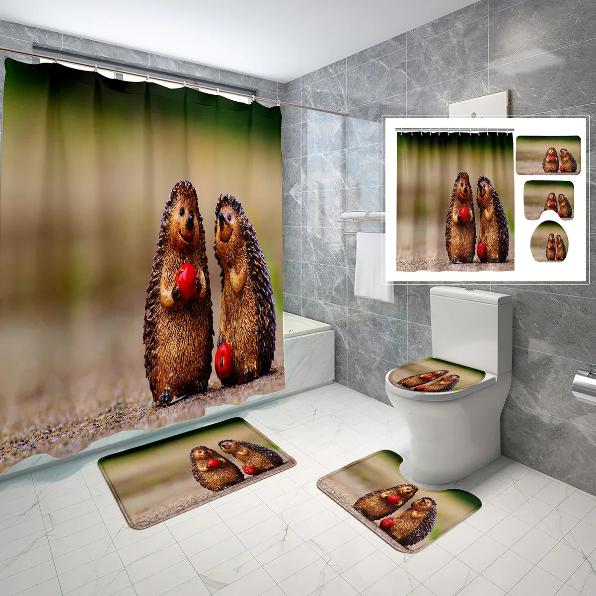 4 Pcs Hedgehog Shower Curtain Sets Cute Little Animals with Flowers Non-slip Bath Mat Toilet Lid Waterproof Shower Curtain Set