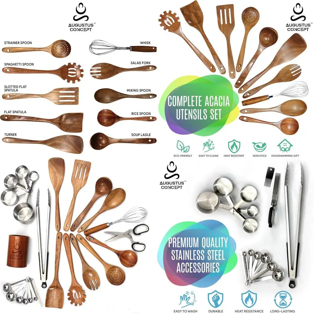 

Набор деревянных кухонных принадлежностей из 25 предметов с измерительными инструментами и ножницами — все необходимое для посуды с антипригарным покрытием