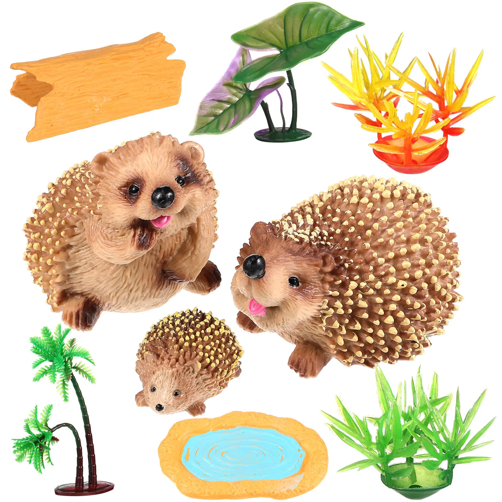 9Pcs Resin Hedgehog Garden Ornaments Set with Green Plants for Miniature Landscapes Pond Decor Outdoor Garden Statues Flower