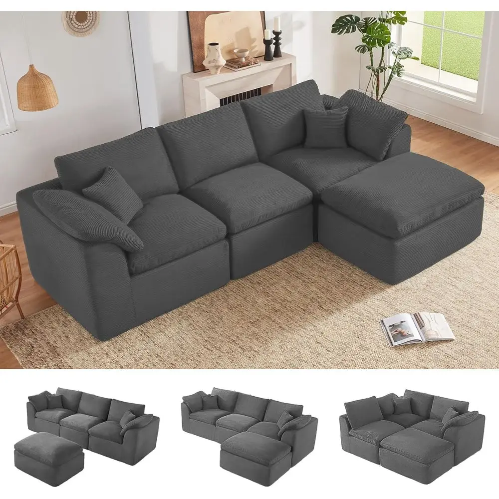 

Угловой диван-секционный гарнитур с оттоманкой, глубоким сиденьем, удобными подушками, готов к использованию, серый