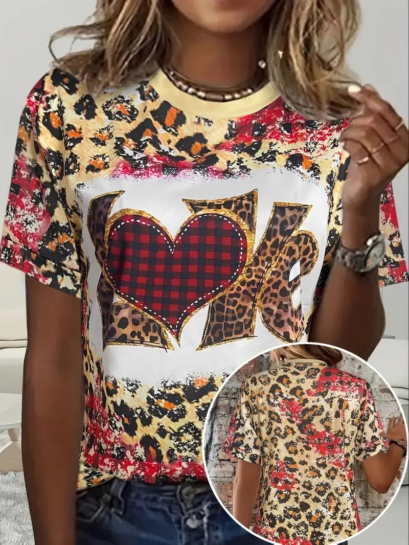 Casual manga curta leopardo amor tshirts topo feminino senhoras dia dos namorados crianças t camisa coração impressão tripulação pescoço camiseta para mulher