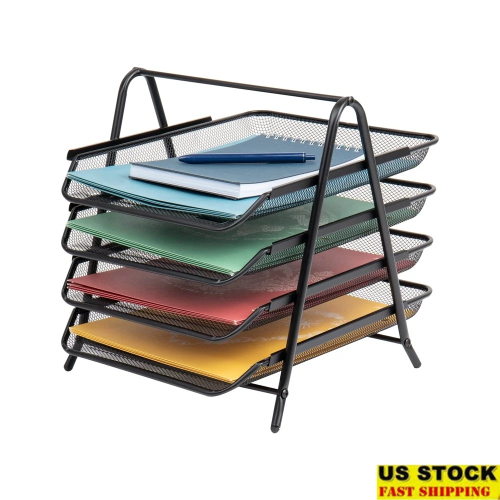 

4-уровневый металлический лоток для бумаги, настольный органайзер, многофункциональное решение для хранения, офис, домашняя школа с резиновыми ножками и ручкой для переноски