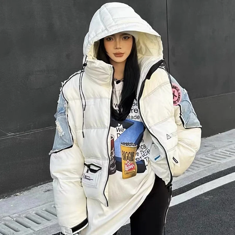 Women Thickened White Duck Down Jacket Trendy Denim Splicing Down Jacket Short Section Hooded Color Collision Parker Jacket Coat