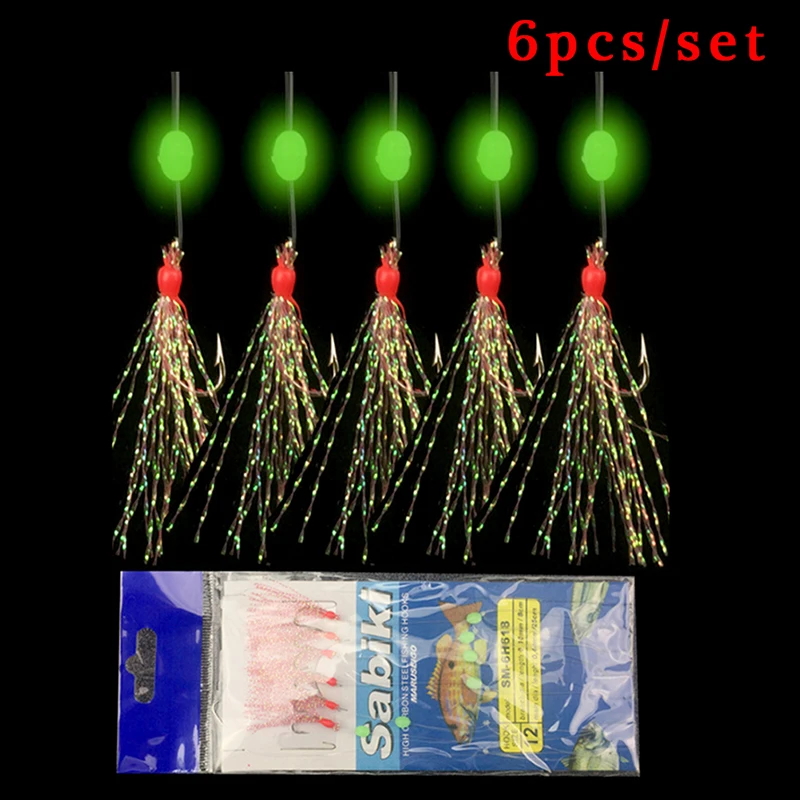 6PCS Long Tassel Metal Line Bait Luminous Fishing Rope Carbon Steel Fishing Hook Artificial Imitation Colorful silk string hook