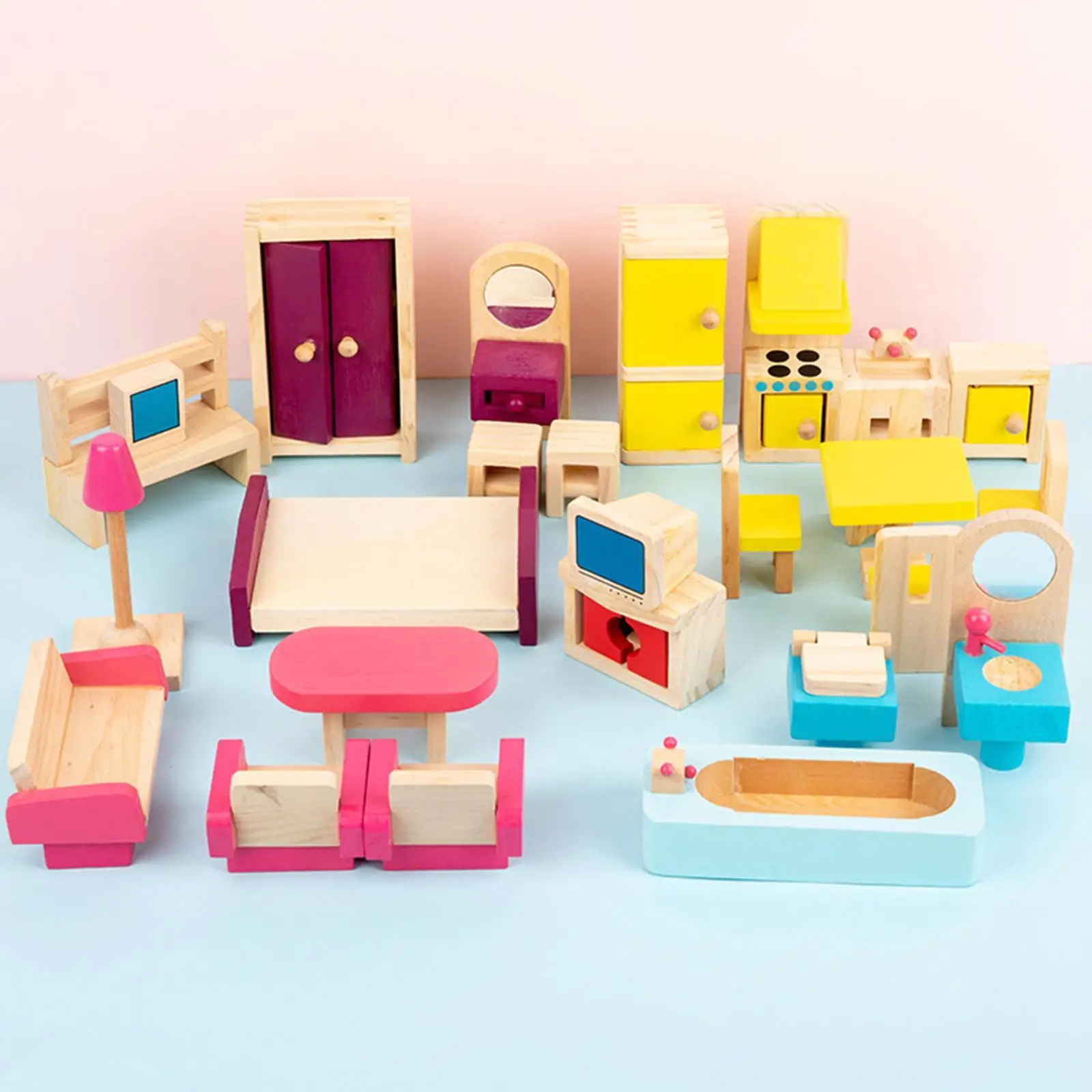 26Pcs Wooden Dollhouse Furniture Toy Living Room Kitchen Mini Scenery Decoration Realistic Educational Dollhouse Accessories Set