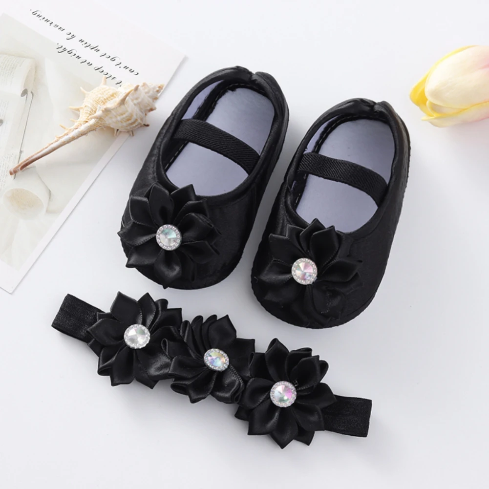 Baby Meisjes Katoenen Schoenen Lente Peuter Schattige Parel Bloem Prinses Schoenen Eerste Wandelaars Met Hoofdband Baby Zachte Bodem Prewalker