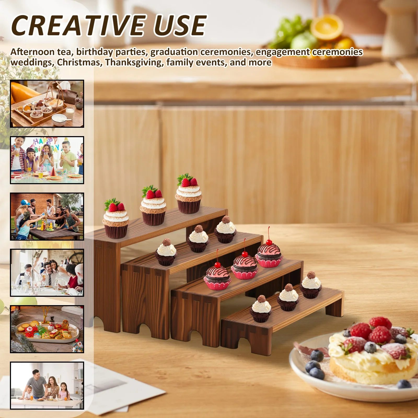 4/8Pcs Wood Riser Display Stand Stackable Cupcake Stand 4 Tier Nestable Rectangular Decorative Rack for Handicraft Collectible