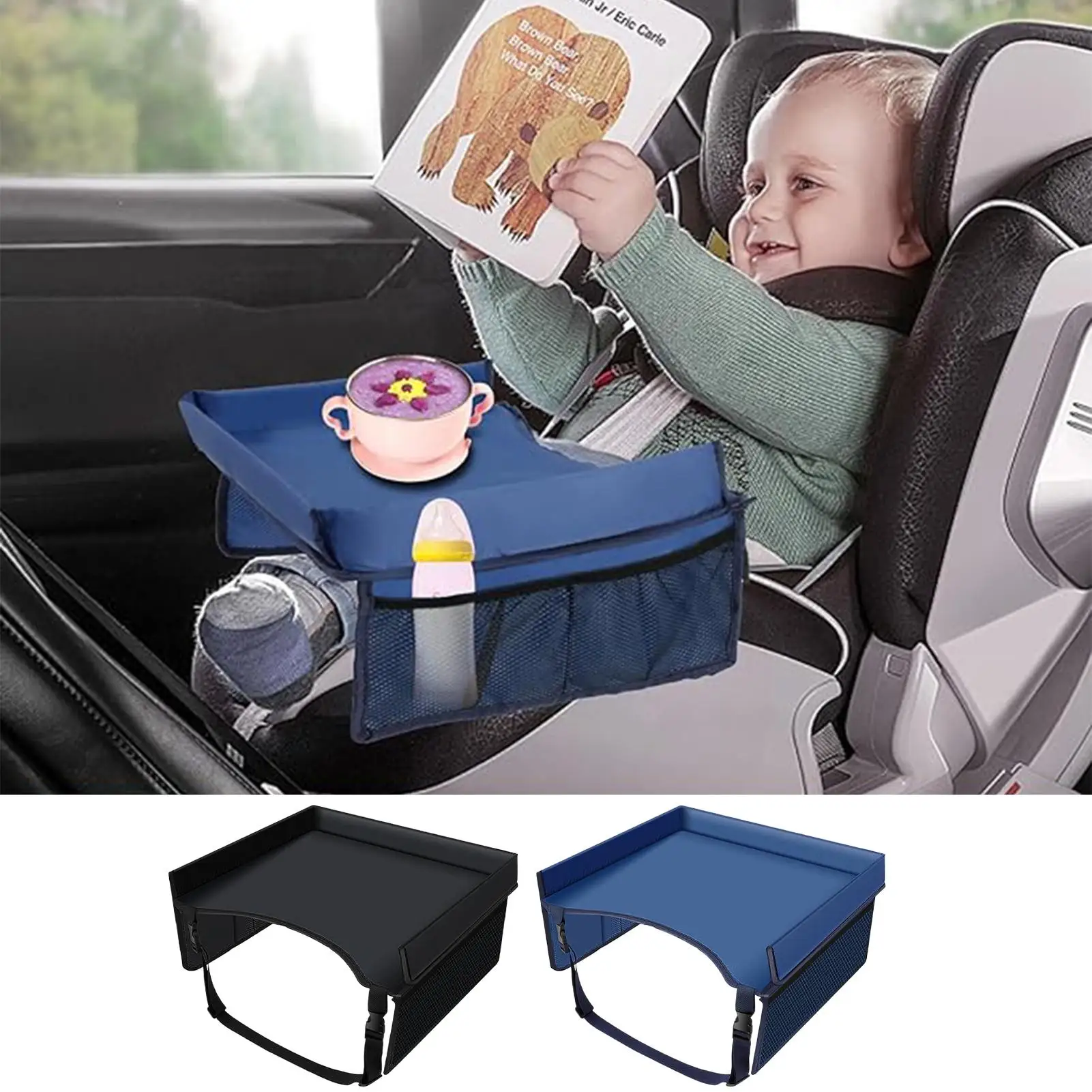 Car Seat Tray Long Trip Kids Travel Tray For Car Seat Carseat Table With Pockets Adjustable Straps Foldable Lap Desk Organizer