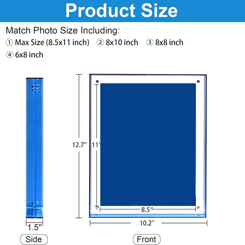 8.5X11 Picture Frame, Stunning Color Acrylic Floating Photo Frame,Horizontal And Vertical Formats For Display,Blue Easy To Use