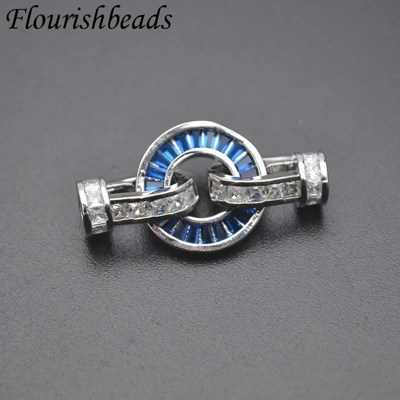 DIY Jewelry Findings Accessories Blue Zircon Paved Center Round Clasp Connector for Pearl Necklace Bracelet Making 5pcs/lot