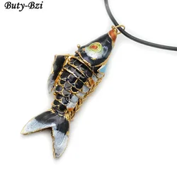 80~85mm Various Color Cute Cloisonne Carp Fish Pendant With Black Leather Chains Fashion Party Jewelry