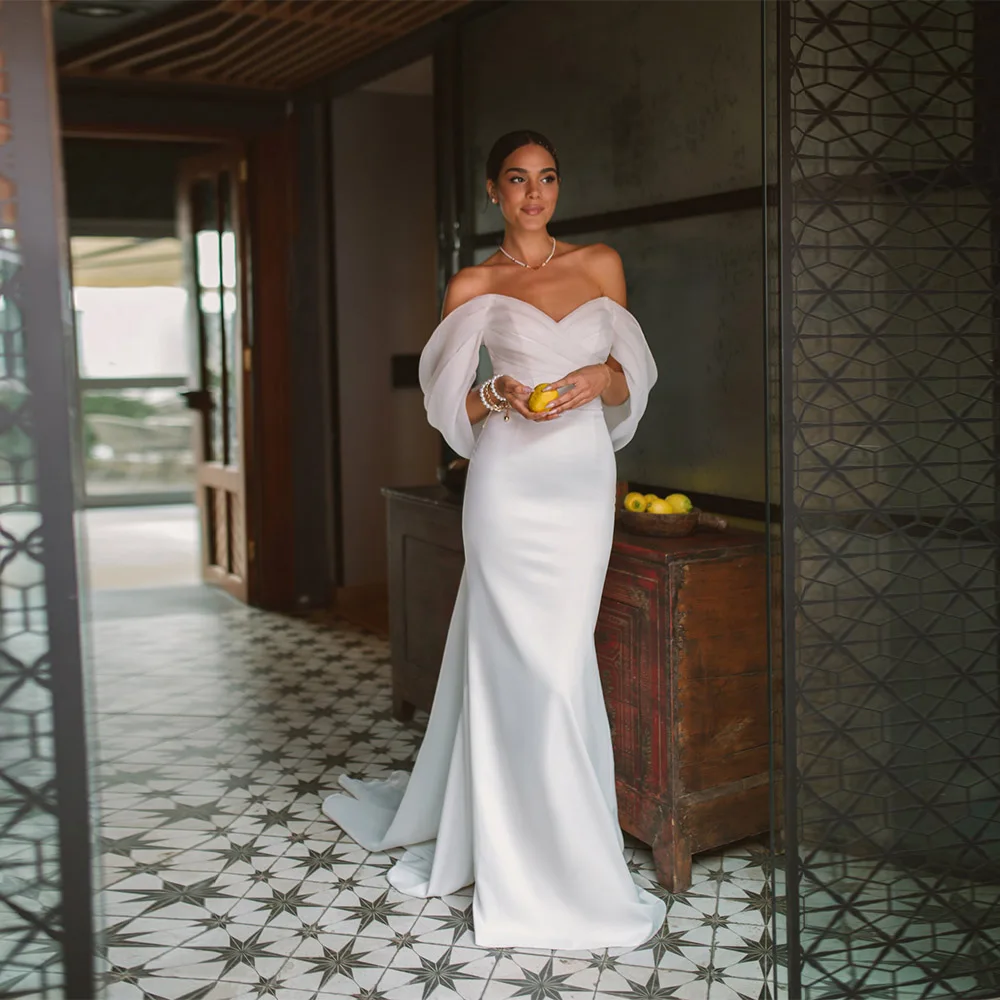 Customized  Mermaid Wedding Dress Short Sleeve Organza Sweep Train For Women Bridal gowns Customize To Measures White Robe 2025
