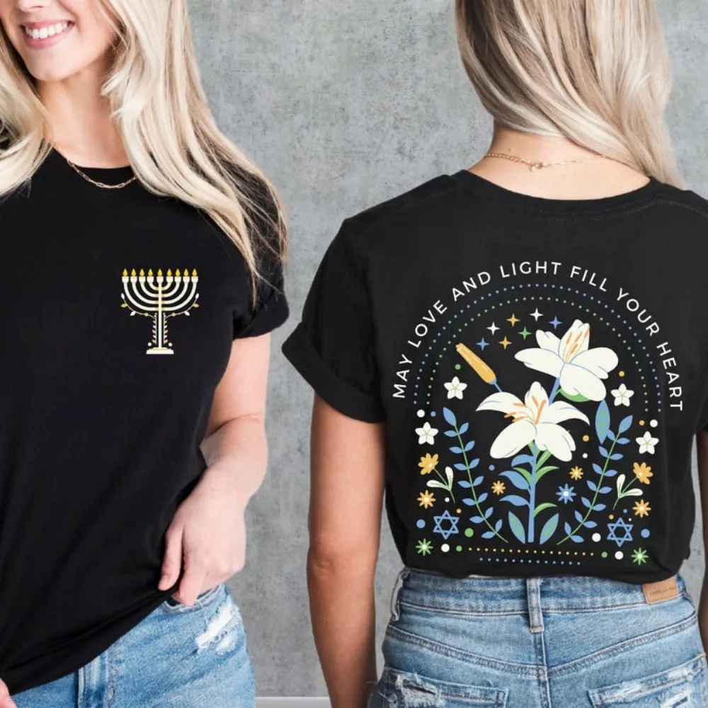 Happy Hanukkah Women T-Shirt: Menorah Jewish Holiday Tee Funny Print O-Neck Tshirt Cute Graphic Tees Y2k Tops Women's Clothing