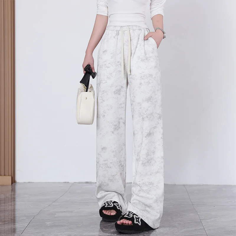 

Retro Lazy Medium-thick Straight-leg Pants New Style Floral High-waist Drawstring Wide-leg Pants Women Slim Casual Trousers