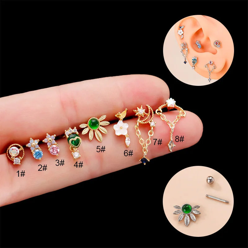 Guemcal 1 Pair Stainless Steel Fine Rod Double-headed Screw Stud Colorful Zircon Flower Fashion Cochlear Ear Bone Stud