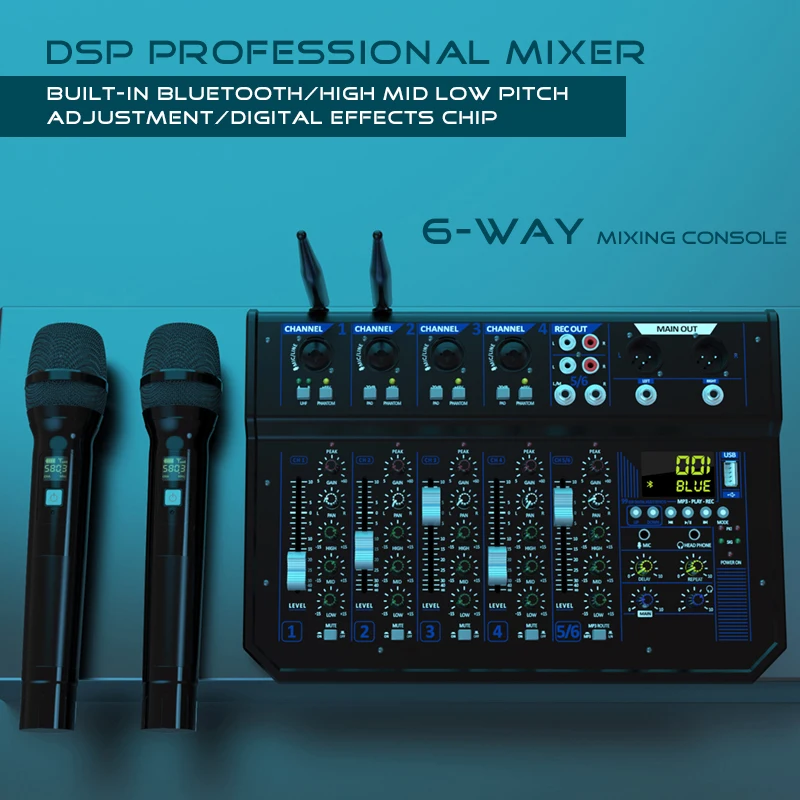 6채널 듀얼 마이크로폰 DSP 리버브 오디오 믹싱 콘솔, 블루투스 USB 녹음/무대 공연/노래방/가족 모임