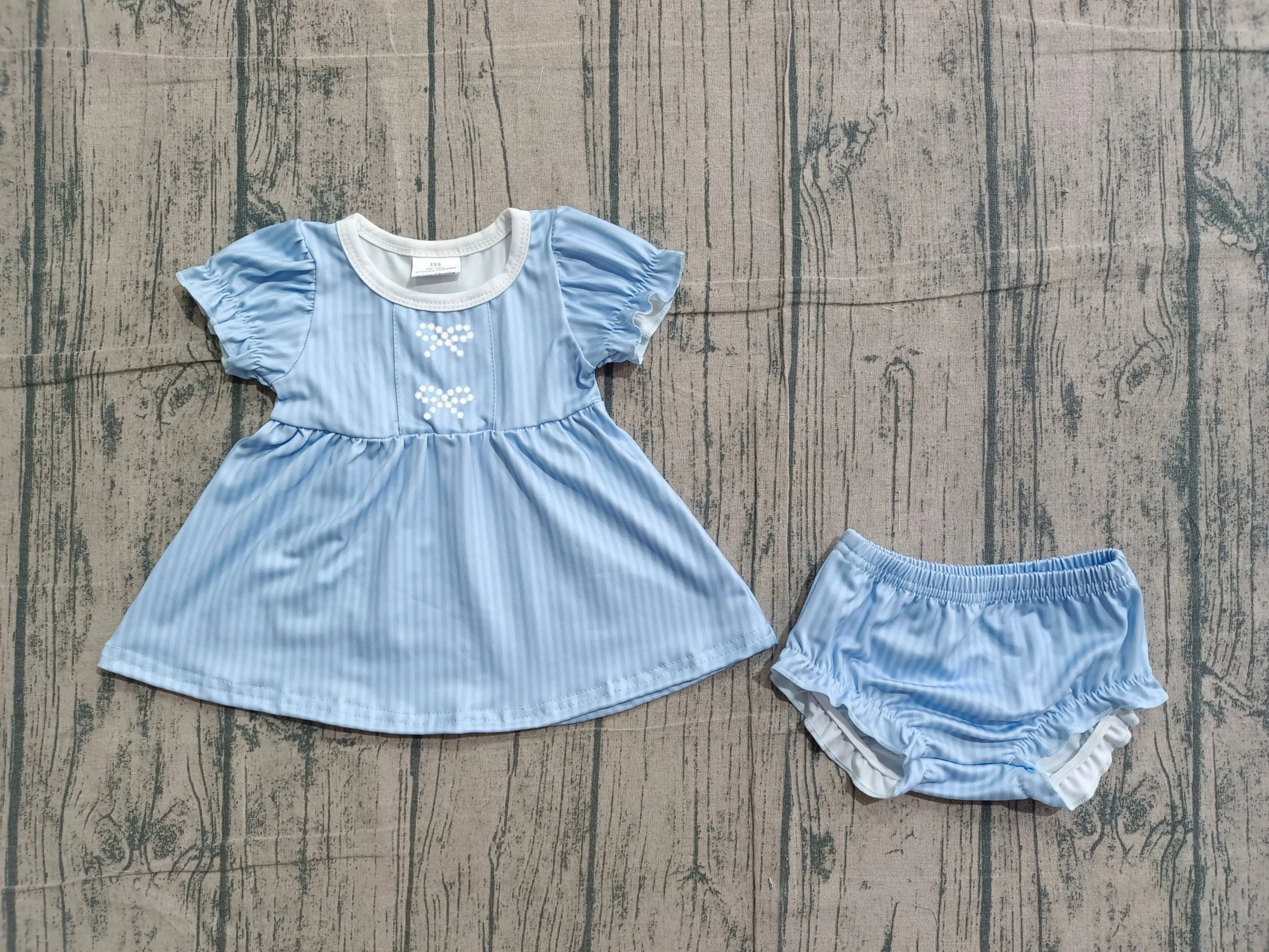 Wholesale Infant Baby Girl Embroidery Bows Outfit Toddler Kids Short Sleeves Tunic Set Bummie Shorts Children Summer Clothing
