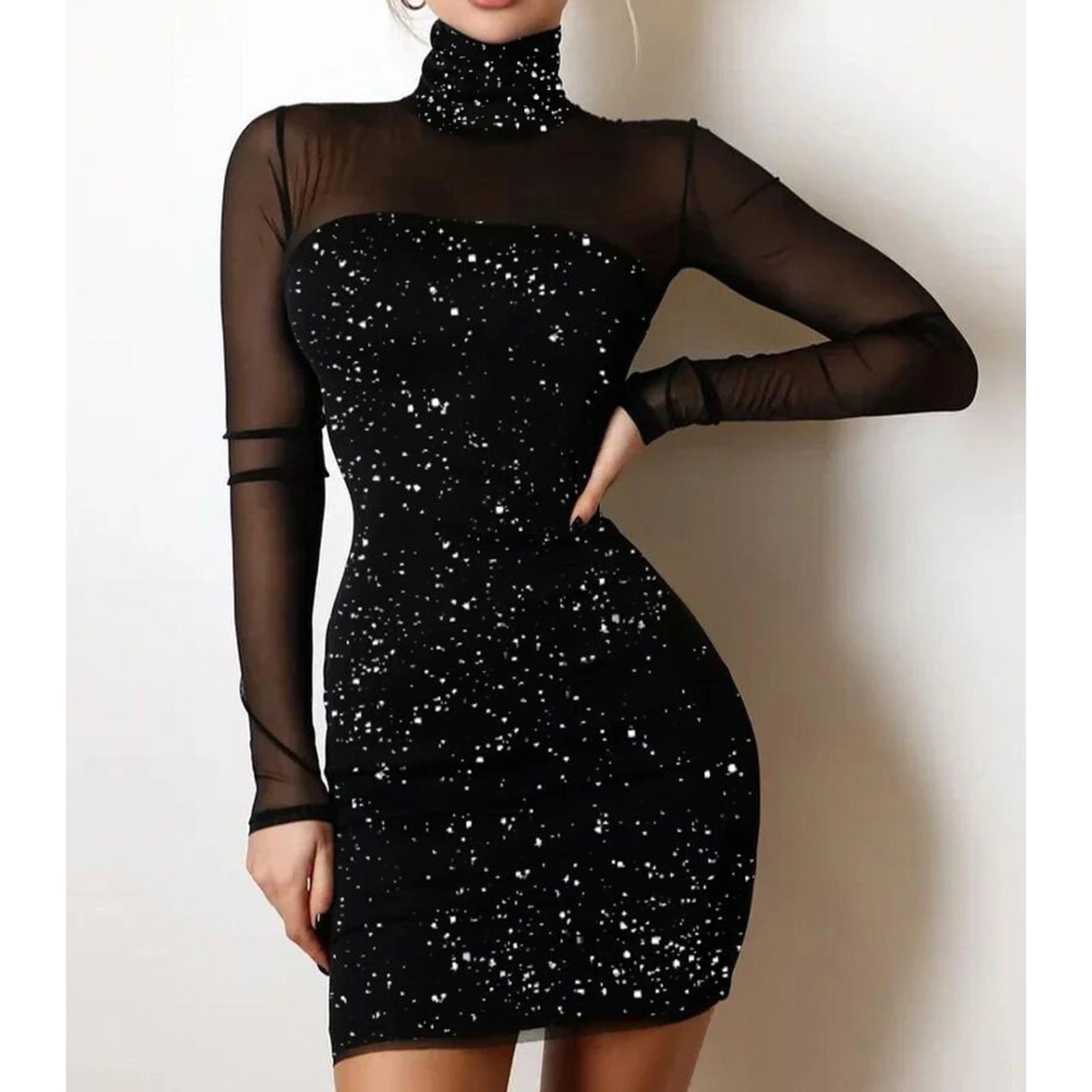 Women's Dress for Casual Fashion Black Glitter High Neck Dress for Daily Dating Shopping Wear