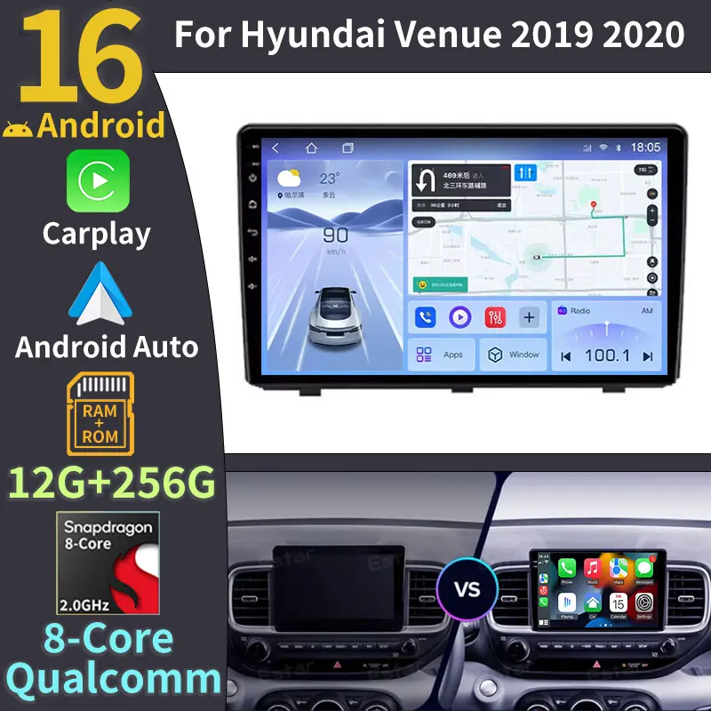 Wireless Carplay Android 16 For Hyundai Venue 2019 - 2020 Stereo WIFI QLED DSP BT GPS 360 Camera Video Player 4G LTE Car Radio