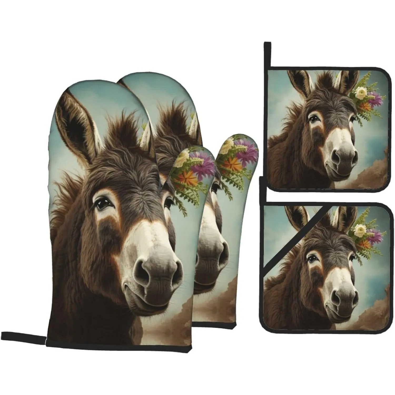 

Donkey Animals Print Oven Mitts and Pot Holders Sets of 4 Heat Resistant Non Slip Oven Gloves and Hot Pads Waterproof