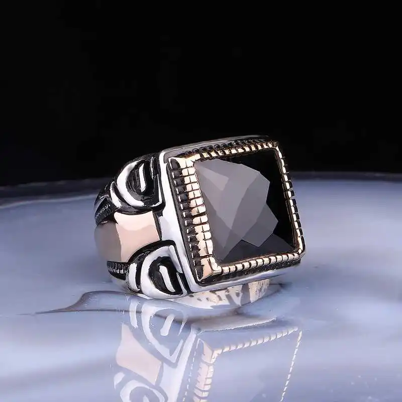 ​Silver Square Faceted Black Stone Men's Ring - 925 Sterling Men's Jewelry Wedding Birthday Gift - Box - Stone - For Man - Fashion - Botiva - Size - Turkish - Patterned Embroidery