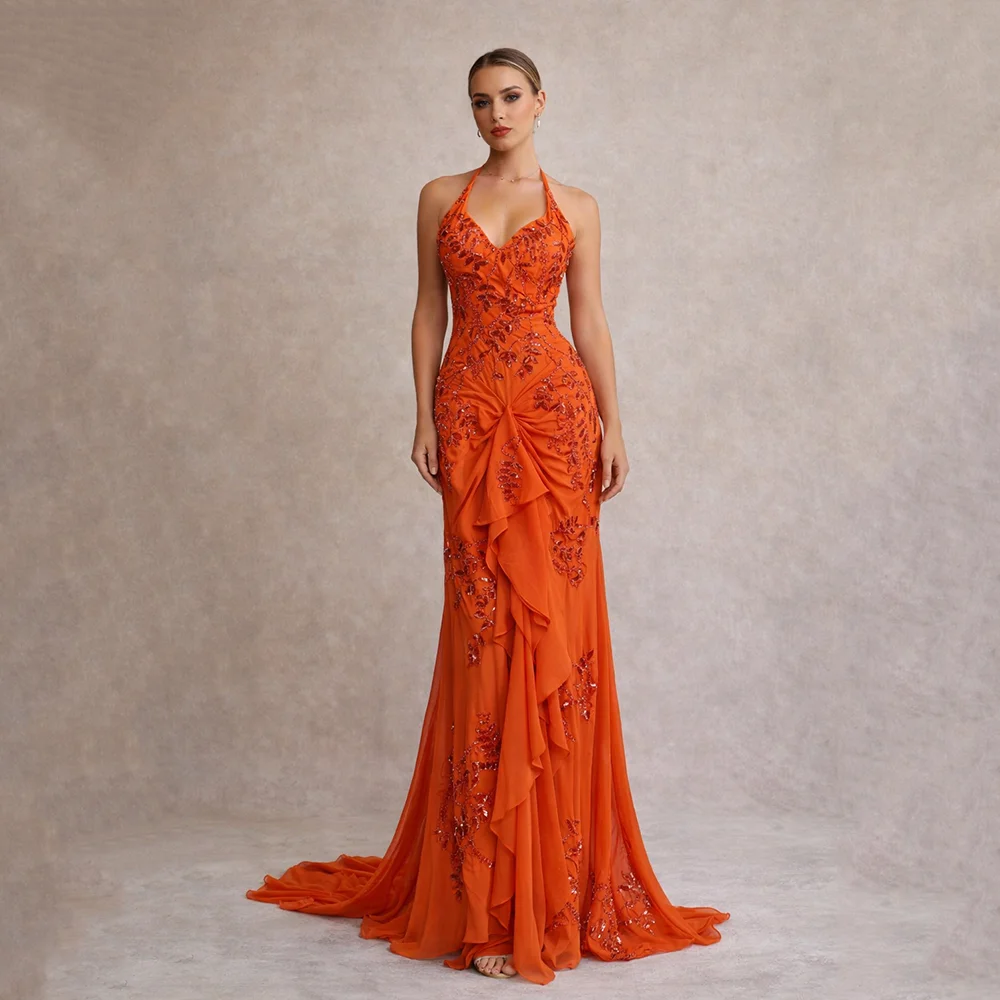 Msikoods Elegante Chiffon Spaghetti-trägern Perlen Prom Kleid Frauen Angepasst Meerjungfrau Tüll Party Kleider Pailletten Abendkleid