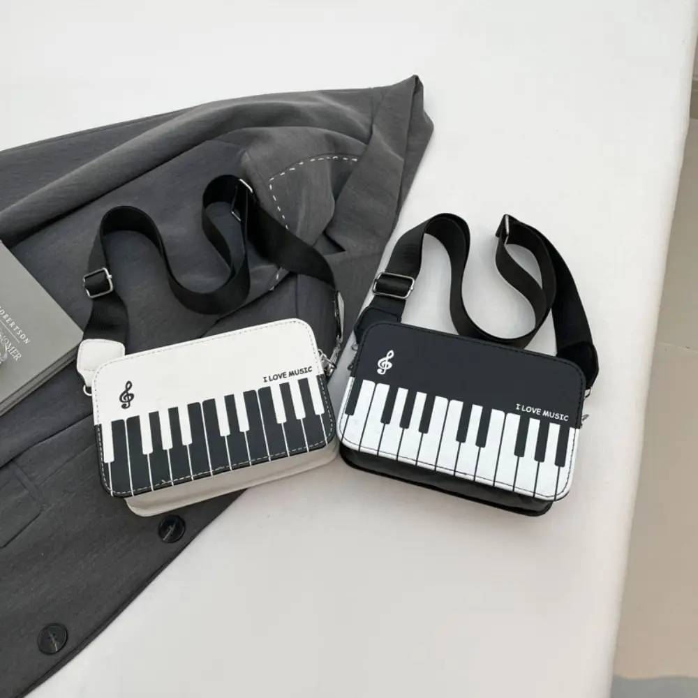 PU Leather Piano Shoulder Bag Piano Note Design Flip Zipper Crossbody Bag Wide Shoulder Strap Contrast Color Small Square Bag