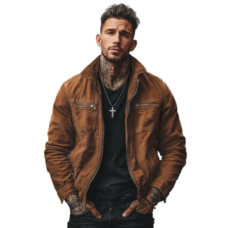 2026 Autumn Winter New Retro Corduroy Multi Pocket Zipper Jackets Men European American Fashion Casual Lapel Work Jacket Coat