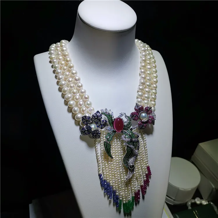 3 rows 8-9mm white freshwater cultured pearl color stone micro inlay zircon flower accessories tassel necklace long 45-51cm