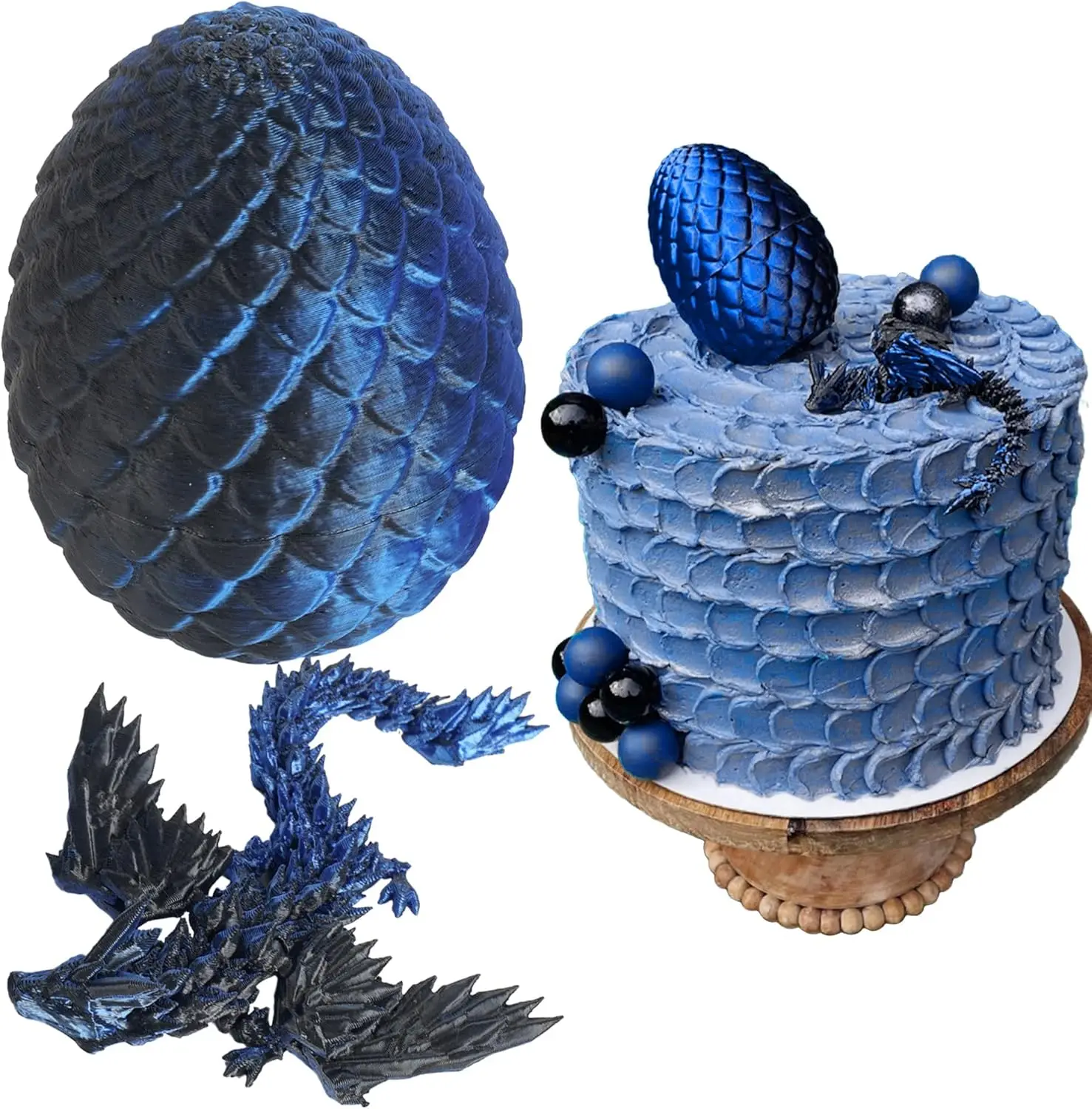 

3D-печатное яйцо дракона, фэнтезийный топпер для торта, декор для торта в виде яиц дракона, сине-черные шарики, украшение для торта для малышей