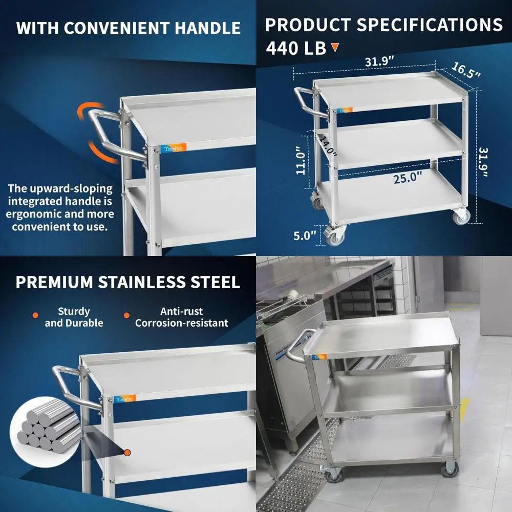 

Heavy-Duty 3-Tier Stainless Steel Utility Cart with Wheels for Kitchen, Restaurant, Hospital, and Hotel Use