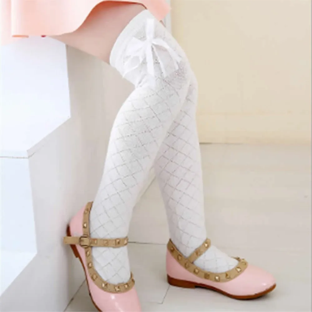 Kids fall tube socks rhombus lattice Girl princess socks cotton lace bowknot thin cotton 100% knee high above long socks