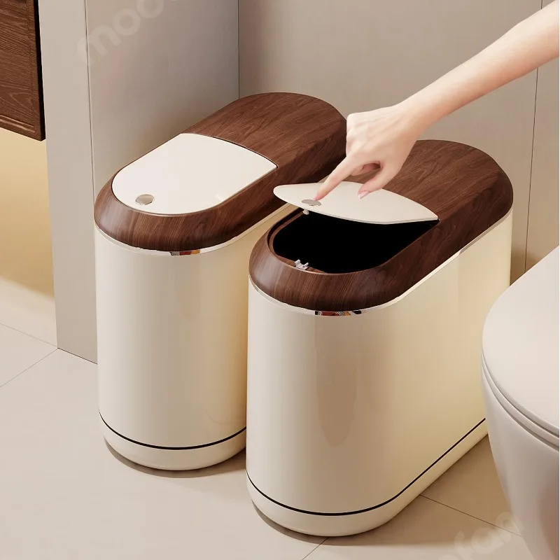 Mid-Century Narrow Gap Trash Can, High-Design Living Room Kitchen Waste Bin with Lid, Slim Rolling Deodorizing Matte Finish