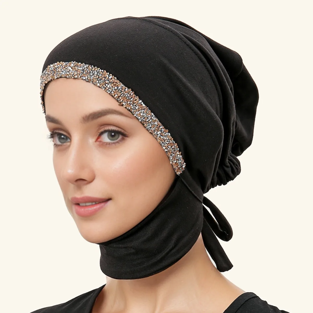 High quality muslim hats with Rhinestone pull on islamic scarf with Tie on back turban hijab bonnet inner caps Turbante Mujer