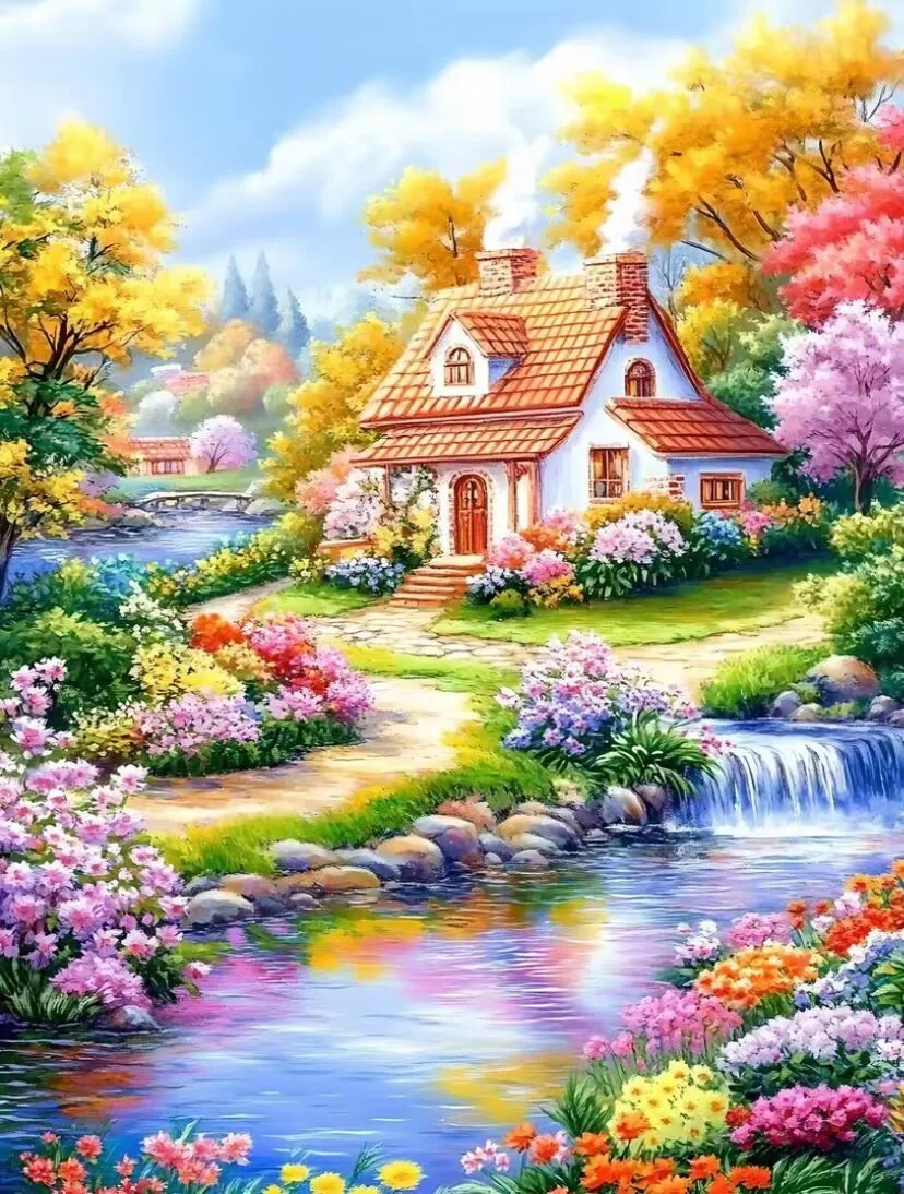 

9ct 75X100cm Creek Side Cottage предварительно напечатанный набор для вышивки крестом «сделай сам» ручная работа, нить, игла, поделки