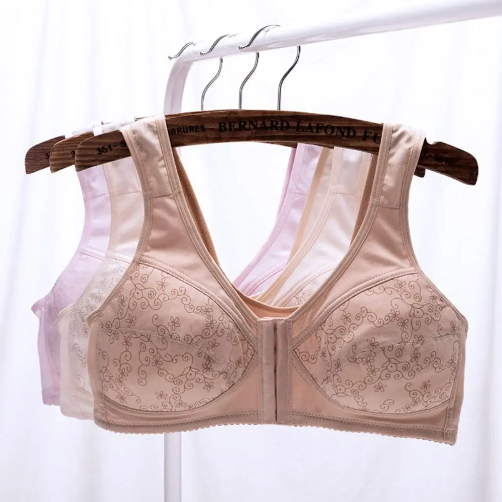 Comfortable Thin Front Button Bra Convenient Widen Straps Elderly Bra Seamless Plus Size Flower Underwear Women